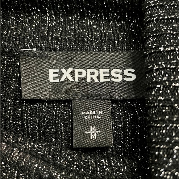Express M Tight Ribbed Black Silver Metallic Turtleneck Sweater Sparkle EUC - Picture 3 of 3